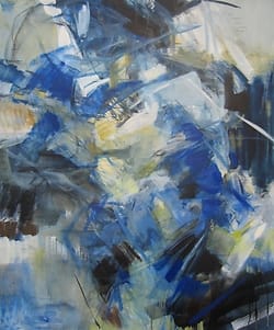 Abstracte voorstelling van verwoesting door vallend gesteente. Olieverf op doek.