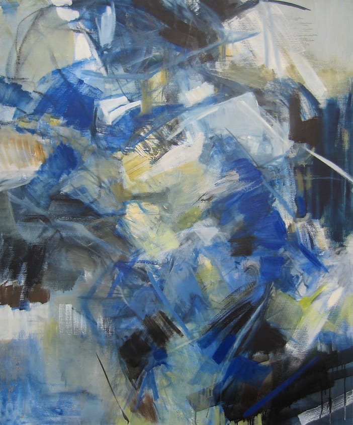 Abstracte voorstelling van verwoesting door vallend gesteente. Olieverf op doek.