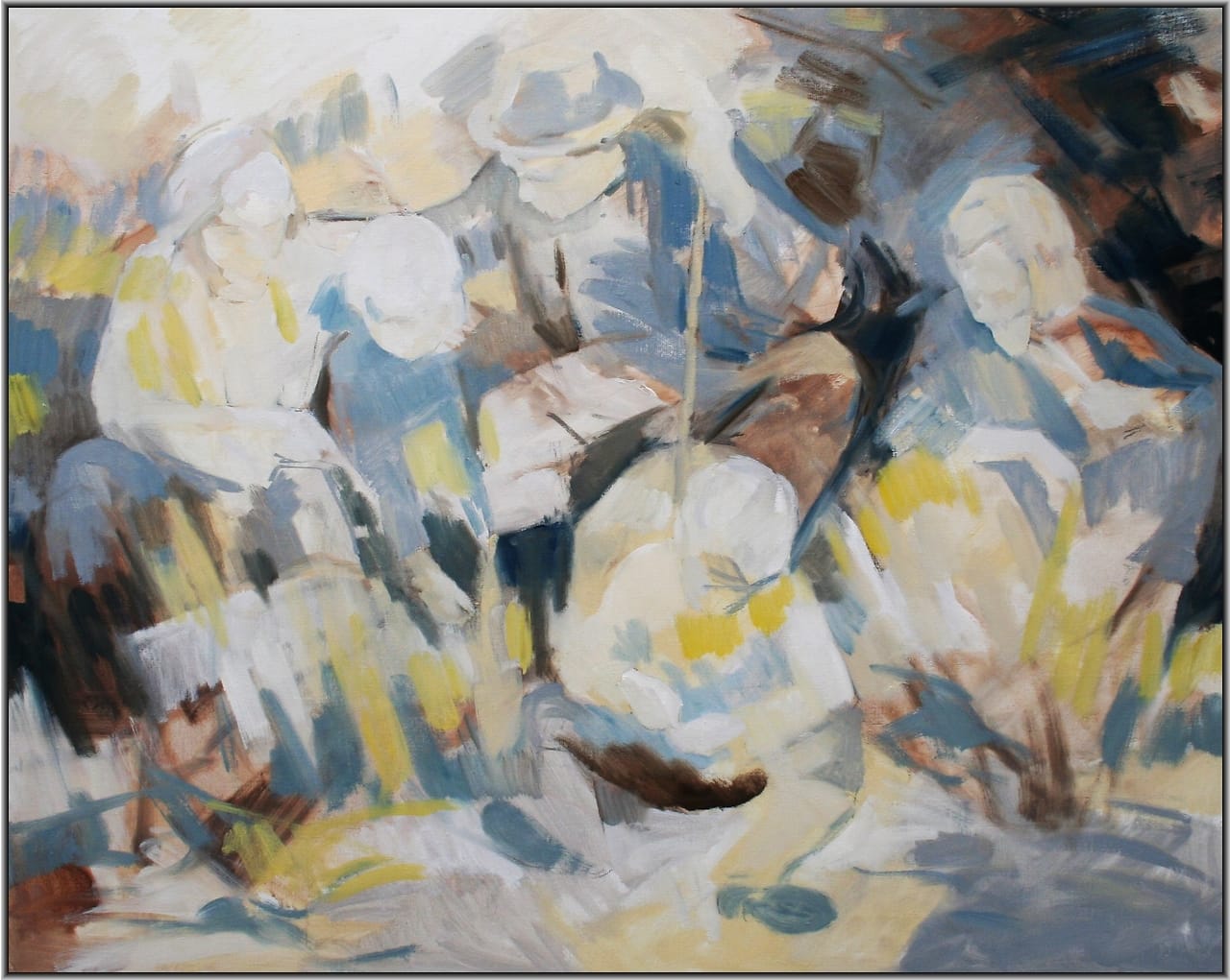 schilderij abstract familieportret naar aanleiding van een oude zwart-wit foto van vader, moeder en drie kinderen.