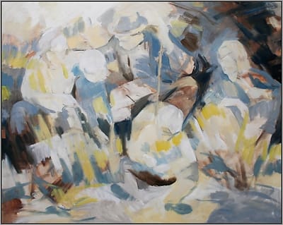 schilderij abstract familieportret naar aanleiding van een oude zwart-wit foto van vader, moeder en drie kinderen.