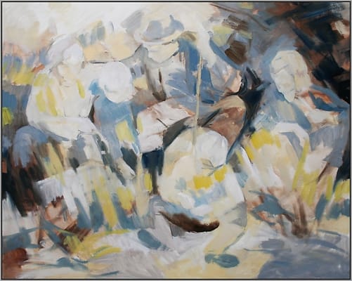 schilderij abstract familieportret naar aanleiding van een oude zwart-wit foto van vader, moeder en drie kinderen.