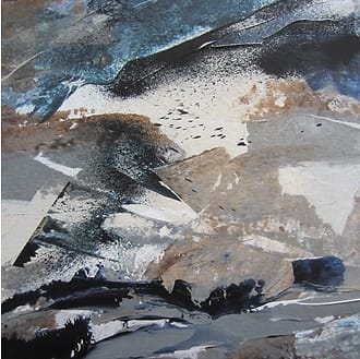 Abstract landschap. Klein vierkant schilderij in acrylverf op papier, verlijmd op doek. Grillige en hoekige vormen in sterke kleuren, grijs, indigo, wit en lichtbruin. .