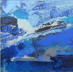 Abstract landschap. Klein vierkant schilderij in acrylverf op papier, verlijmd op doek. Grillige vormen in koele kleuren, cobaltblauw, indigo en wit.
