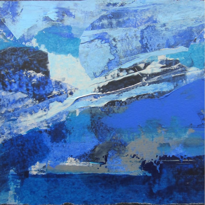 Abstract landschap. Klein vierkant schilderij in acrylverf op papier, verlijmd op doek. Grillige vormen in koele kleuren, cobaltblauw, indigo en wit.