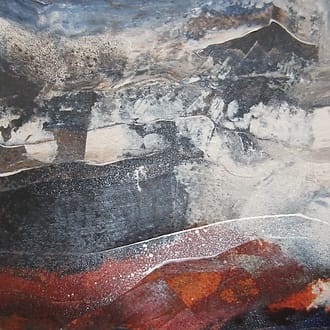 Abstract landschap. Klein vierkant schilderij in acrylverf op papier, verlijmd op doek. Grillige vormen in warme en grijze tinten.