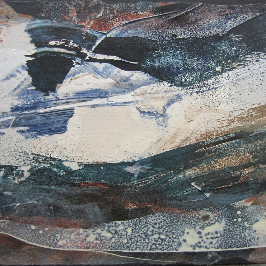 Abstract landschap. Klein vierkant schilderij in acrylverf op papier, verlijmd op doek. Grote vormen als woeste zee met dreigende lucht.