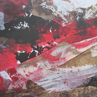 Abstract landschap. Klein vierkant schilderij in acrylverf op papier, verlijmd op doek. Grillige vormen in warme kleuren, rood, zwart, bruin en wit.