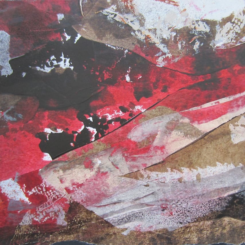 Abstract landschap. Klein vierkant schilderij in acrylverf op papier, verlijmd op doek. Grillige vormen in warme kleuren, rood, zwart, bruin en wit.