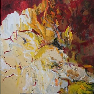 Abstract olieverf schilderij van witte bloemen tegen rood-bruine achtergrond.