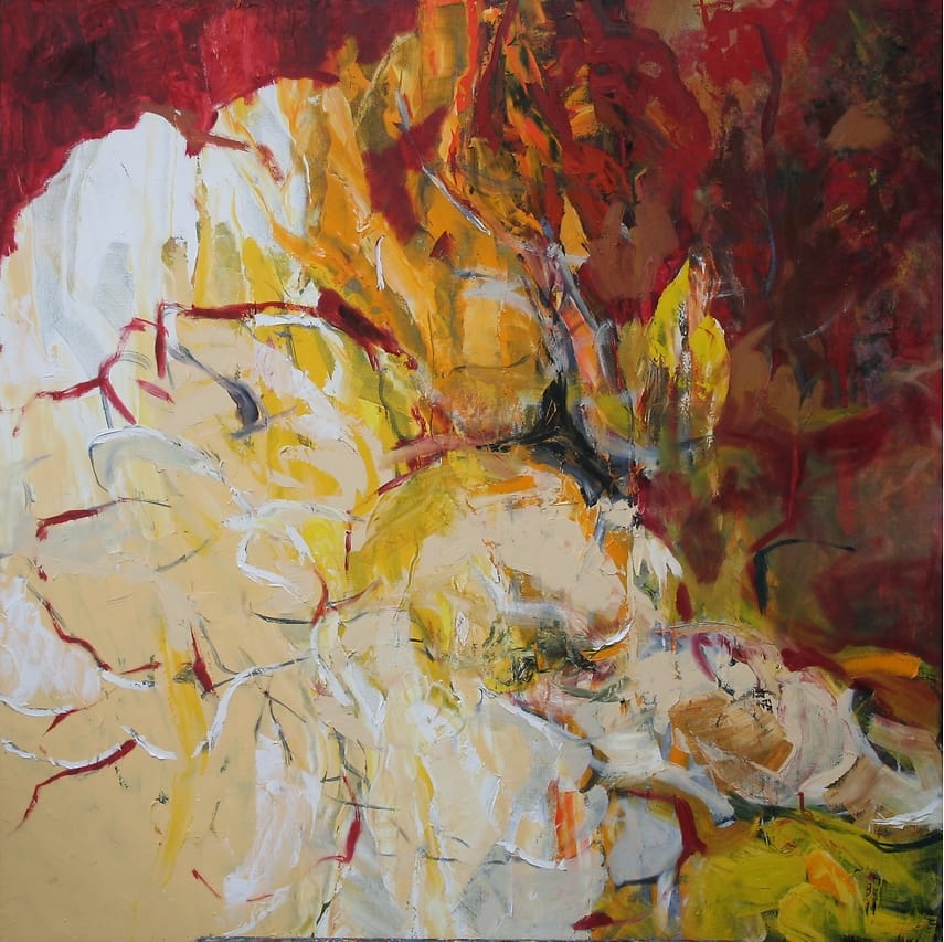 Abstract olieverf schilderij van witte bloemen tegen rood-bruine achtergrond.