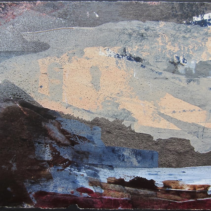 Abstract landschap. Bergen, water en lucht. Klein vierkant schilderij in acrylverf op papier, verlijmd op doek. Warme en koele kleuren