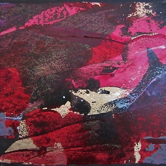 Abstract landschap. Klein vierkant schilderij in acrylverf op papier, verlijmd op doek. Grillige vormen in warme kleuren