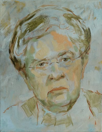 Olieverf schilderij, portret van forensisch onderzoeker Frances Glessner Lee.