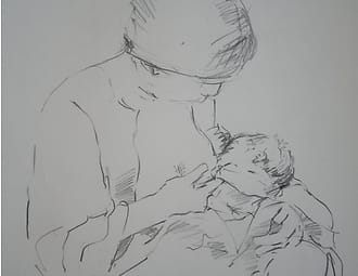 Potloodtekening van japanse vrouw met baby drinkend aan de borst.