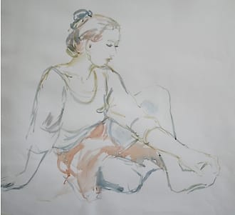 Aquareltekening van zittende vrouw.