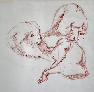 Schetsblad met drie schetsen in rood krijt van een kat die zich wast.