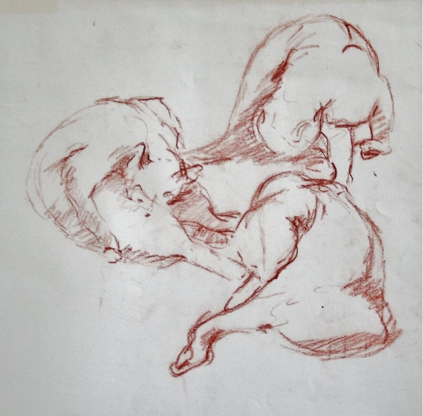 Schetsblad met drie schetsen in rood krijt van een kat die zich wast.