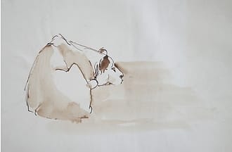 Gewassen inkttekening van liggende leeuwin, Zen achtige sfeer.