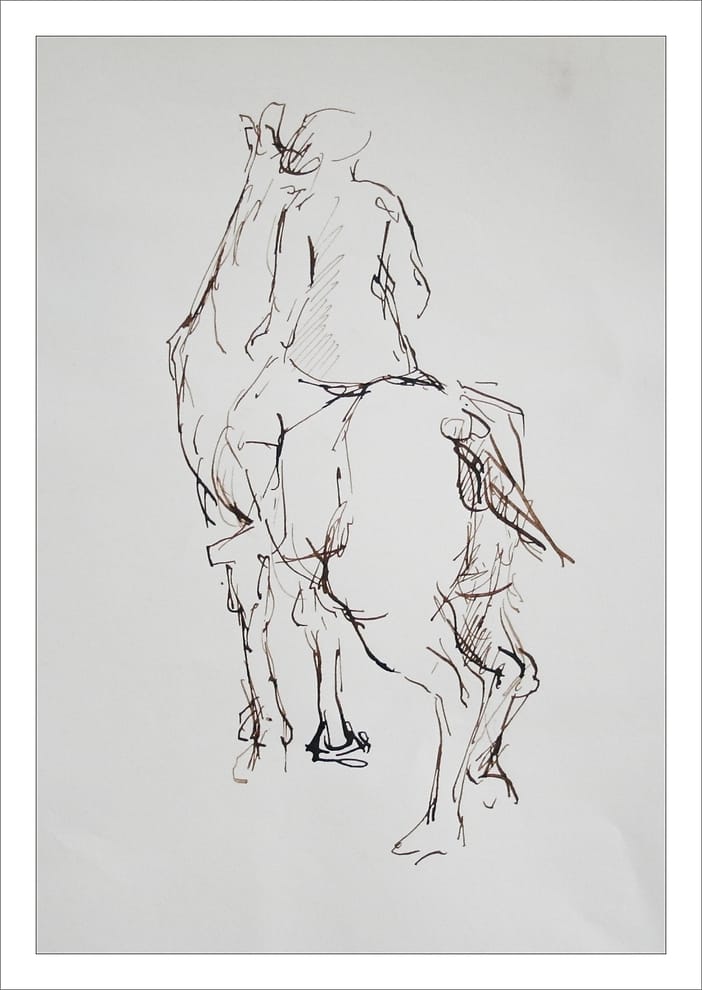 Tekening van ruiter te paard, gezien vanaf achterzijde.
