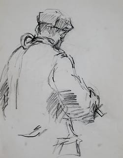 Potloodtekening van een boer, gezien vanaf de achterzijde, op de veemarkt in Purmerend c.a. 1973