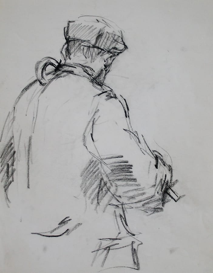 Potloodtekening van een boer, gezien vanaf de achterzijde, op de veemarkt in Purmerend c.a. 1973