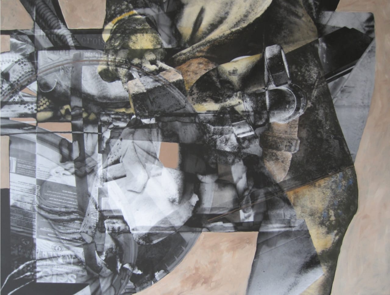 Digitale collage, geprint op doek en daarna beschilderd met acrylverf. Industriele vormen in zwart, beige en grijs.