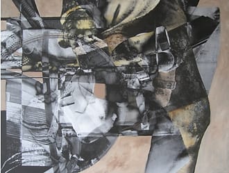 Digitale collage, geprint op doek en daarna beschilderd met acrylverf. Industriele vormen in zwart, beige en grijs.