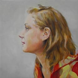 Olieverf portret van jonge vrouw van opzij gezien met loshangend haar.