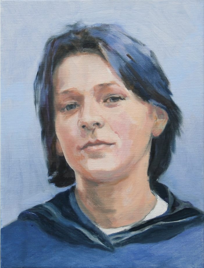 Figuratief abstract olieverf portret van vrolijk kijkende jongen met zwart haar.