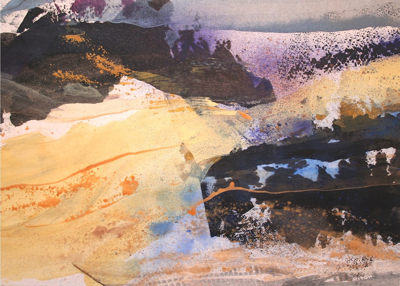 Abstract landschap met vloeiende vormen in oker en zwart