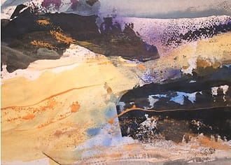 Abstract landschap met vloeiende vormen in oker en zwart