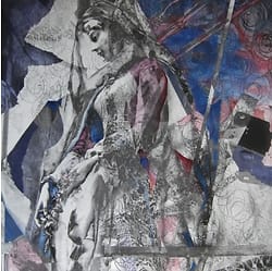 Digitale collage, geprint op doek en daarna beschilderd met acrylverf. De voorstelling doet denken aan een madonna achtige vrouw in zeventiende eeuwse jurk met sluier tussen abstracte vlakken.