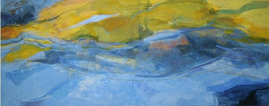 Groot abstract landschappelijk olieverf schilderij. Voorstelling doet denken aan vloedlijn.