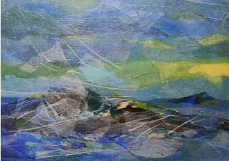 Abstract landschap, schildering gecombineerd met beschilderd vloeipapier. Voorstelling doet denken aan rotsen in woeste zee.