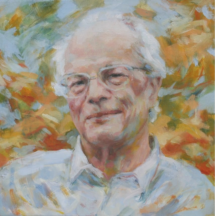 Olieverf portret van glimlachende man, postuum geschilderd.