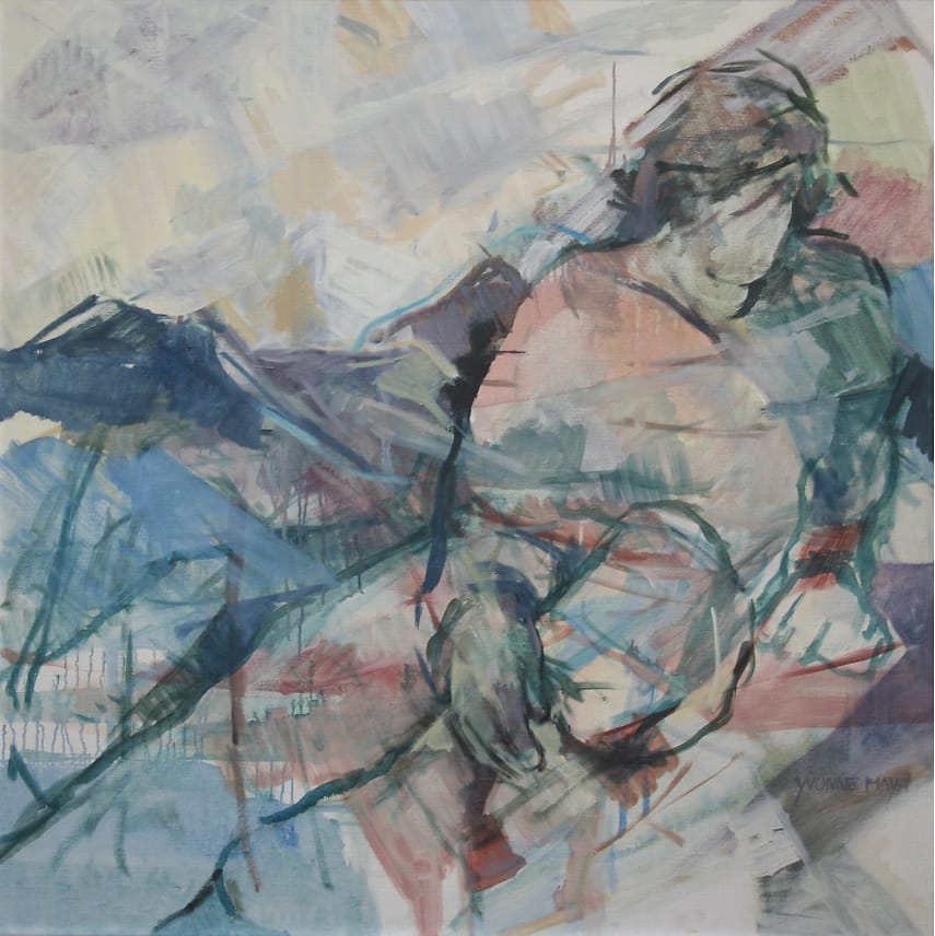 Figuratief abstract olieverf portret van jonge man met een opgetrokken been liggend op een bed. Straalt rust uit.