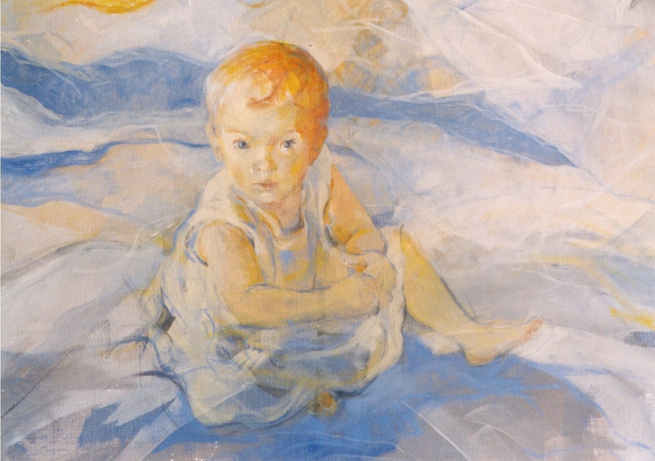 Olieverf portret van klein meisje zittend op de grond, van bovenaf gezien.