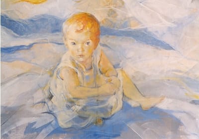 Olieverf portret van klein meisje zittend op de grond, van bovenaf gezien.