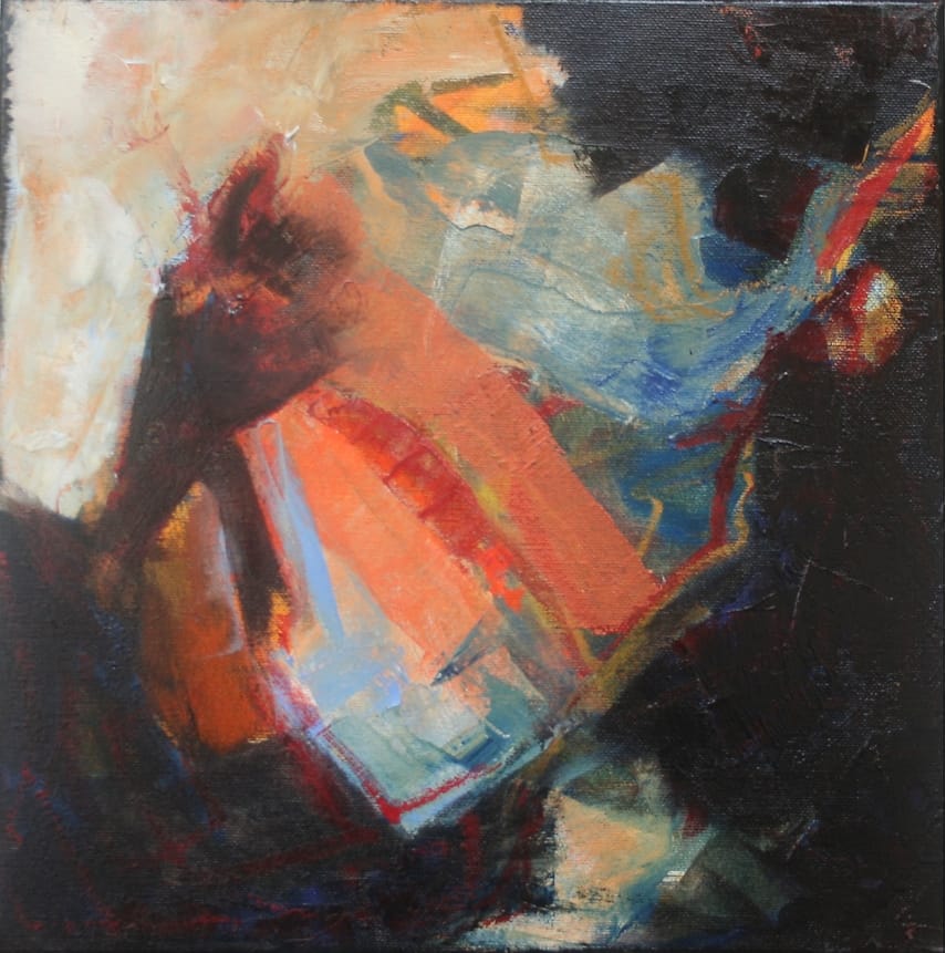 Klein vierkant abstract schilderij met eenvoudige grillige vlakverdeling in sterke kleuren, zwart en oranjerood.