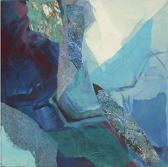 Abstract schilderij in gemengde techniek. De titel heeft te maken het feit dat het lijkt alsof er een blad drijft op helder water terwijl je ook kunt zien wat er onder water te zien is.