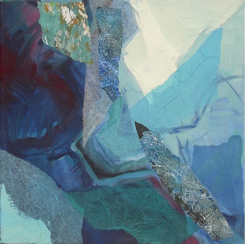 Abstract schilderij in gemengde techniek. De titel heeft te maken het feit dat het lijkt alsof er een blad drijft op helder water terwijl je ook kunt zien wat er onder water te zien is.